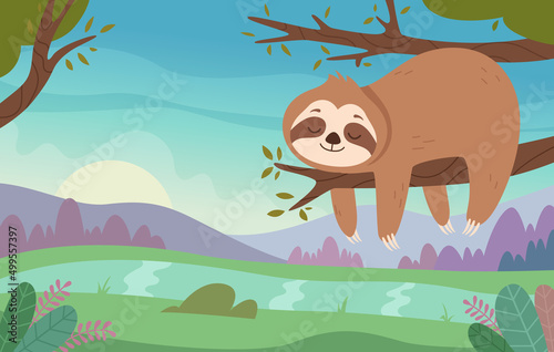 Funny sloths. Cute wild lazy animals relaxing or sleeping on branches sloths hugging exact vector cartoon colored background