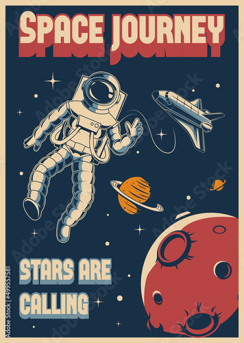 Space poster. Vintage postcard with outdoor mars exploration on flying rocket shuttle exact vector templates with place for text