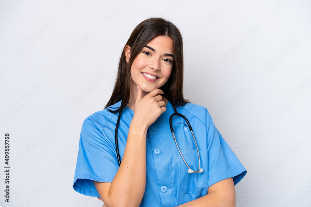 Young Brazilian nurse woman isolated on white background smiling Young Brazilian nurse woman isolated on white background smiling