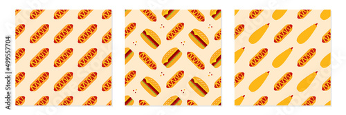 Set, collection of three vector seamless pattern backgrounds with hot dogs, burgers, cheeseburgers, mustard bottles for fast food design.
