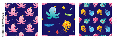 Set, collection of three vector seamless pattern backgrounds with octopus, jellyfish and sea creatures for sea life design. © cosmic_pony