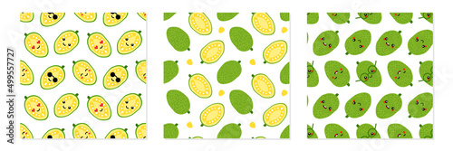 Set, collection of three vector seamless pattern backgrounds with jackfruits and cute happy jackfruit characters for food and nature design. 