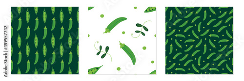 Set, collection of three vector seamless pattern backgrounds with green peas for vegan food, grocery market design.