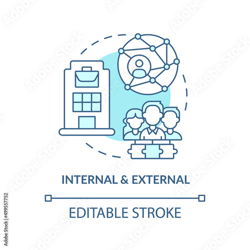 Internal and external turquoise concept icon. Project communication management abstract idea thin line illustration. Isolated outline drawing. Editable stroke. Arial, Myriad Pro-Bold fonts used