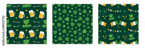 Set, collection of three vector seamless pattern backgrounds for St.Partick’s Day design with flags of Ireland, beer, coins, leprechaun hats and garlands.
