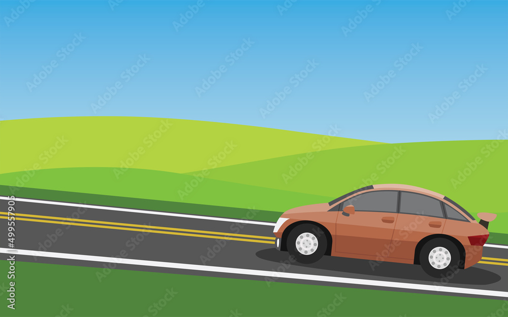 Traveling cars orange color. Driving on an asphalt road with up hills and surrounded by green grass and mountain. Wallpaper of meadow under clear blue sky.