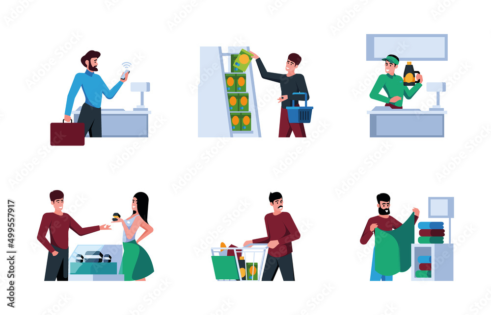 Buyers. Shopping characters holdings debit cards and market bags people making purchase garish vector flat illustrations reatailers set