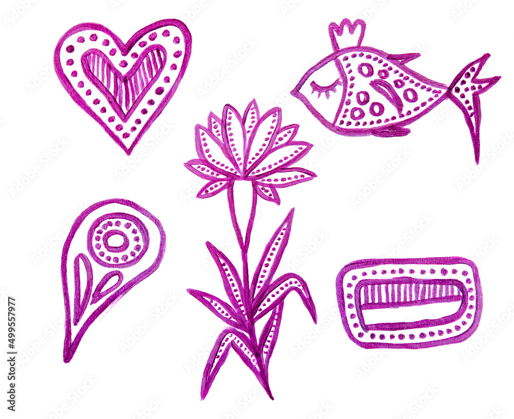 Hand drawn boho yoga set. Ornamental illustration. Purple zentangle elements. Heart, fish,flower,abstract shapes. Isolated on white