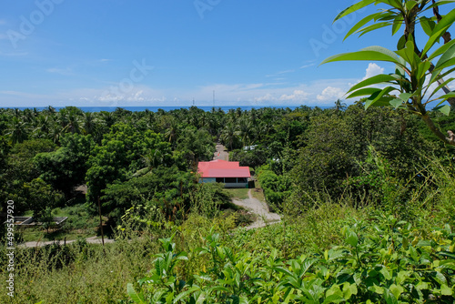 A solo building with a bright red roof on a long straight road surrounded by coconut palm trees on the tropical Atauro Island, Timor Leste, Southeast Asia