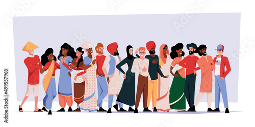 Multicultural group. Crowd european and multi ethnical people community diversity coworkers persons garish vector flat background