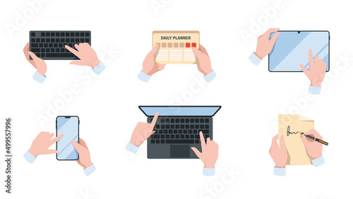 Business hands top view. Data analytics spreadsheets auditor holding paper and smartphones writing business information garish vector illustrations