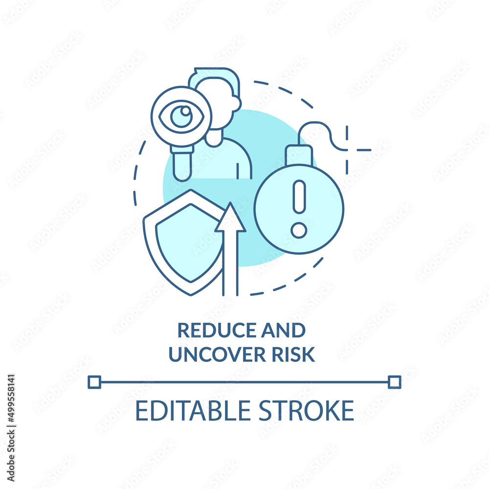 Reduce and uncover risk turquoise concept icon. Benefit of stakeholder management abstract idea thin line illustration. Isolated outline drawing. Editable stroke. Arial, Myriad Pro-Bold fonts used