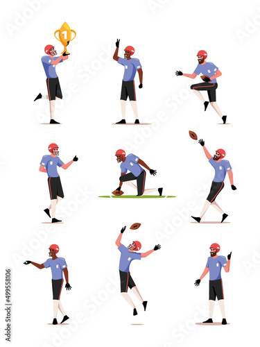 Rugby players. Athletes national american football players in action poses garish vector rugby flat characters