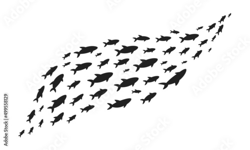 Foto Silhouettes school of fish with marine life of various sizes swimming fish flat style design vector illustration
