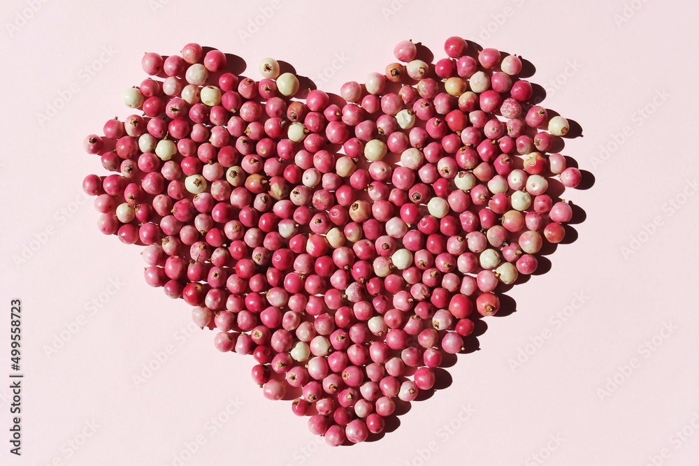 pink pepper berries in the shape of a heart, closeup in the sun , pink background pink pepper berries in the shape of a heart, closeup in the sun , pink background