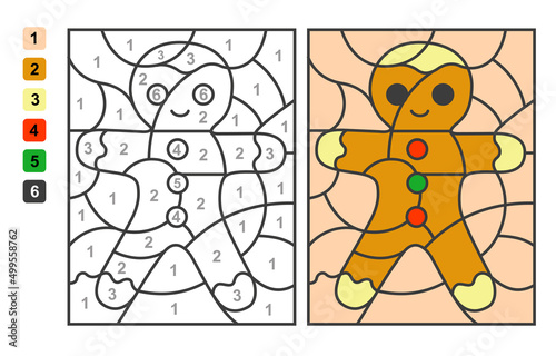 Gingerbread men. Color by numbers. Puzzle game for children education, colors for drawing and learning mathematics