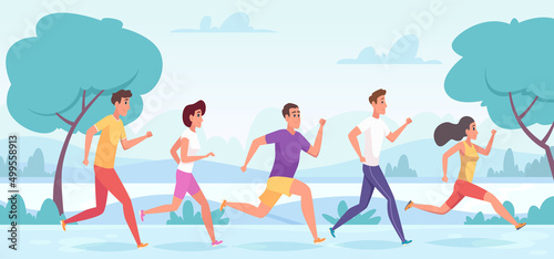Marathon persons. Outdoor helthy lifestyle jogging exercises athlete runners exact vector cartoon background