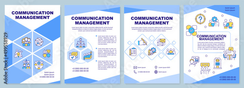 Communication management brochure template. Team collaboration. Leaflet design with linear icons. 4 vector layouts for presentation, annual reports. Arial-Black, Myriad Pro-Regular fonts used