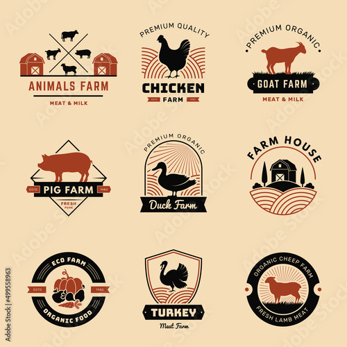 Farm badges. Rural emblems milk meat vegetables and fruits country horses coes pork symbols recent vector templates