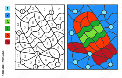 Mittens. Color by numbers winter clothes. Puzzle game for children education, colors for drawing and learning mathematics