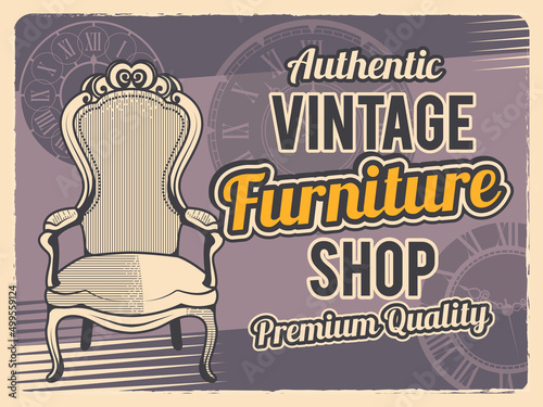 Vintage furniture poster. Ads placard with retro wardrobe table sofa chairs and place for text recent vector template