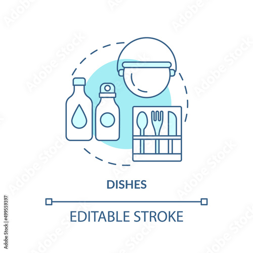 Dishes turquoise concept icon. Things to pack for evacuation and hiking. Survival bag abstract idea thin line illustration. Isolated outline drawing. Editable stroke. Arial, Myriad Pro-Bold fonts used