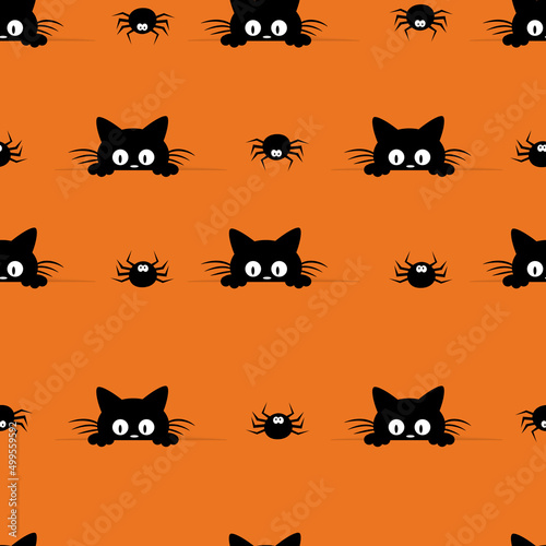 Happy Halloween seamless pattern postcard  banner  flyer on orange background with black kitten. Paper cut style.