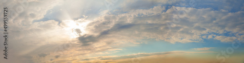 Panorama of sky clouds background with sunlight