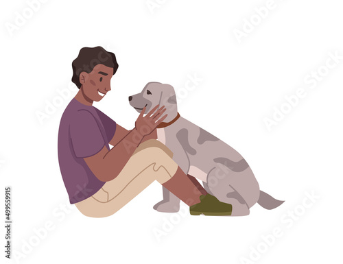 Child playing with puppy, isolated teenager holding and cuddling puppy friend. Vector flat cartoon character with dog animal, dressage and spending free time together. Boy caring for pet