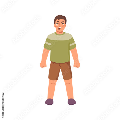 Little child boy expressing negative sad emotions, crying kid with clenched fists. Vector flat cartoon character with tears running down cheeks. Melancholic infant, upset or offended