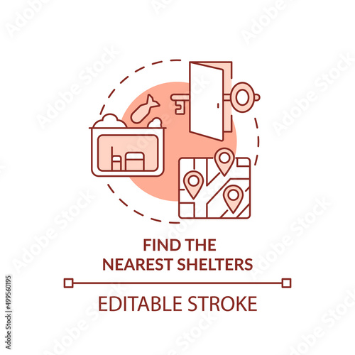 Find nearest shelters terracotta concept icon. Hide to save life. Actions during war abstract idea thin line illustration. Isolated outline drawing. Editable stroke. Arial, Myriad Pro-Bold fonts used