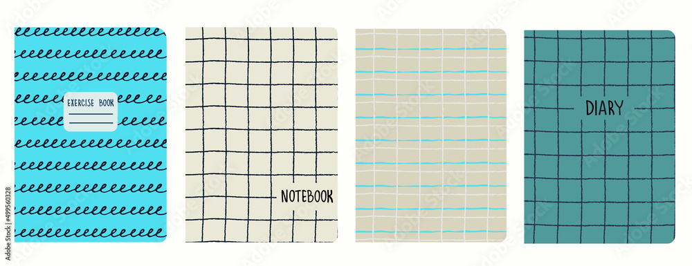 Set of cover page templates based on grid seamless patterns, spiral lines pattern. Plaid backgrounds for school notebooks, diaries. Headers isolated and replaceable