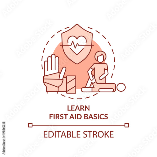 Learn first aid basics terracotta concept icon. Medical courses. Action during war abstract idea thin line illustration. Isolated outline drawing. Editable stroke. Arial, Myriad Pro-Bold fonts used