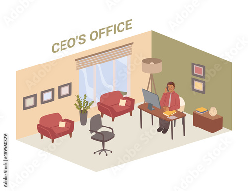 Office interior plan of area and comfortable zoning. Vector CEO room with furniture for clients, decoration and houseplants for coziness. Man talking on phone sitting by desk with laptop