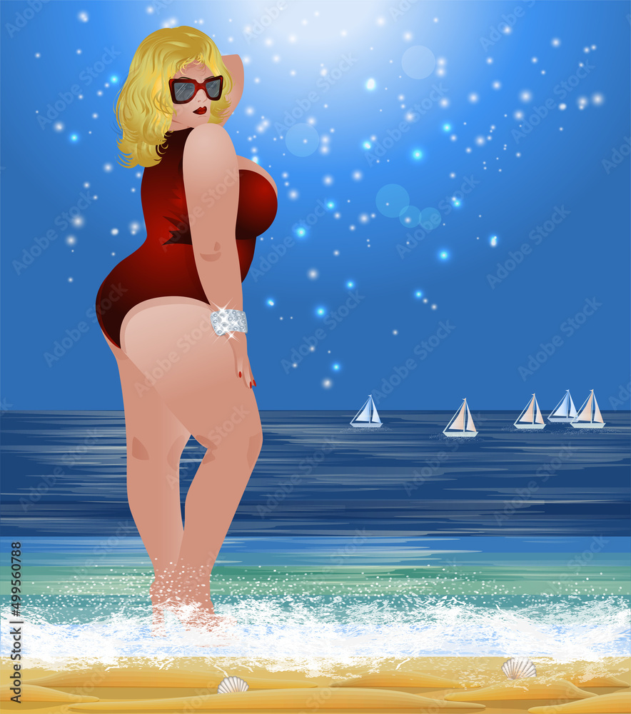 Plus size sexual girl on the beach, summer time, vector illustration	