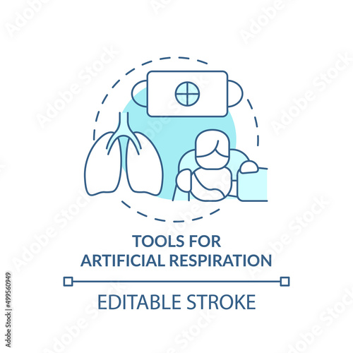 Tools for artificial respiration turquoise concept icon. First aid at breathe issues abstract idea thin line illustration. Isolated outline drawing. Editable stroke. Arial, Myriad Pro-Bold fonts used