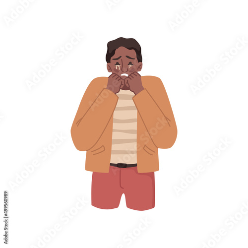 Emotional male personage expressing negative emotions by crying. Vector flat cartoon character, isolated man wiping tears. Stressed or depressed adult, offended boy with hurt feelings