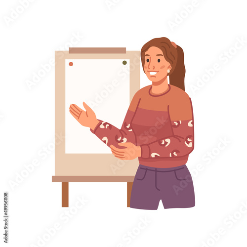 Female personage employee of company or organization showing whiteboard presentation. Vector flat cartoon character, teacher or student talking about project completion and working tasks achievement