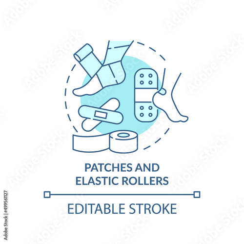 Patches and elastic rollers turquoise concept icon. First aid kit. Action during war abstract idea thin line illustration. Isolated outline drawing. Editable stroke. Arial, Myriad Pro-Bold fonts used