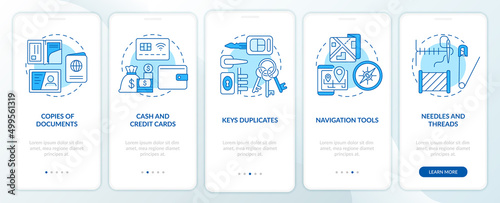 Essential things to pack blue onboarding mobile app screen. War actions walkthrough 5 steps graphic instructions pages with linear concepts. UI, UX, GUI template. Myriad Pro-Bold, Regular fonts used