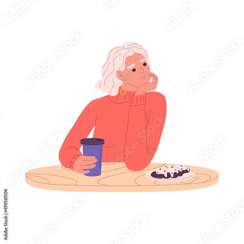 Woman drinking coffee, eating dessert, sitting at cafe table. Young modern person relaxing with tea mug and sweet food in coffeeshop in morning. Flat vector illustration isolated on white background
