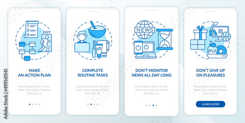 Dealing with emotions blue onboarding mobile app screen. War actions walkthrough 4 steps graphic instructions pages with linear concepts. UI, UX, GUI template. Myriad Pro-Bold, Regular fonts used