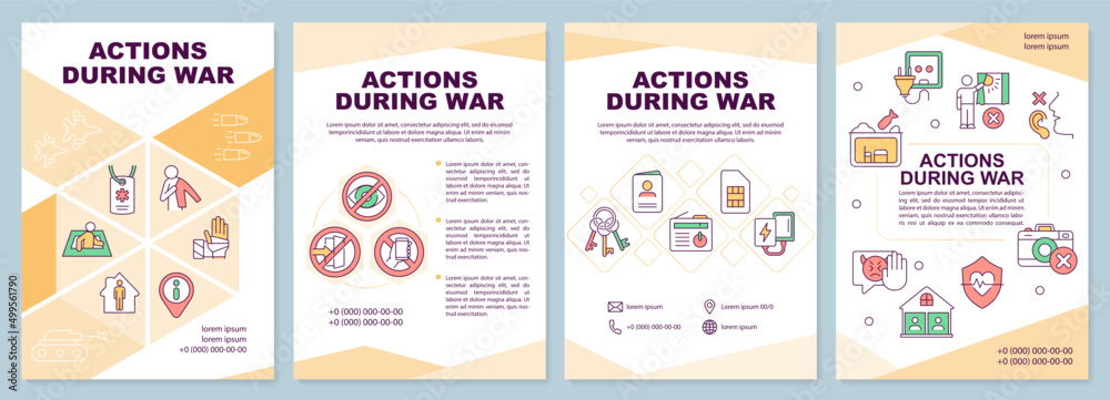Action during war orange brochure template. Tips for civilians. Leaflet design with linear icons. 4 vector layouts for presentation, annual reports. Arial-Black, Myriad Pro-Regular fonts used