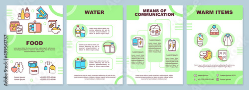 Supplies for surviving war green brochure template. Wilderness survival. Leaflet design with linear icons. 4 vector layouts for presentation, annual reports. Arial-Black, Myriad Pro-Regular fonts used