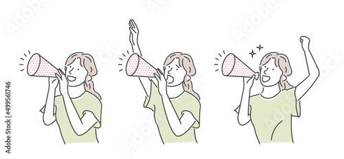 Vector illustration of a young woman making a loud voice using a megaphone
