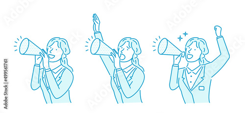 Vector illustration of a young businesswoman making a loud voice using a megaphone