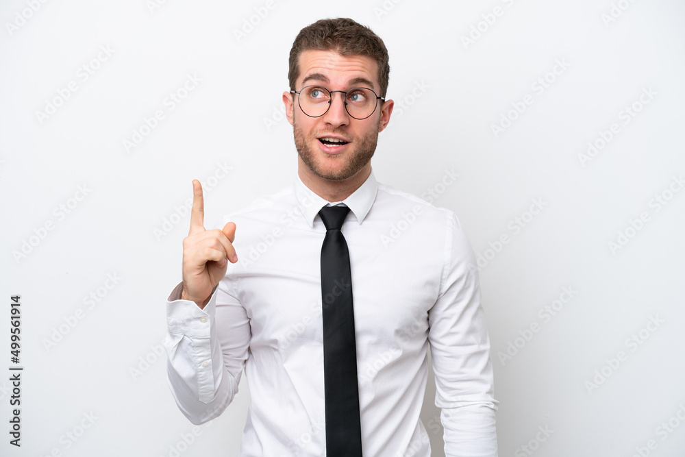 Young business caucasian man isolated on white background thinking an idea pointing the finger up Young business caucasian man isolated on white background thinking an idea pointing the finger up