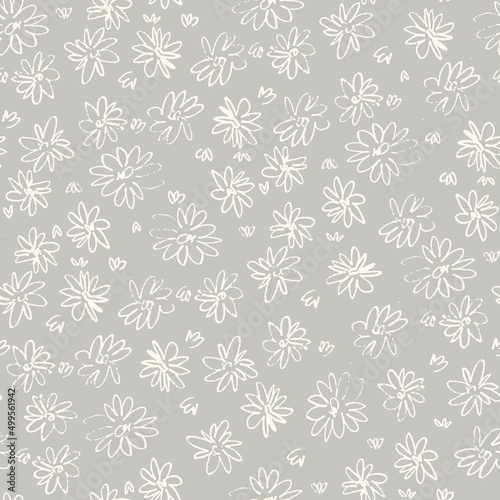 Seamless pattern with hand drawn meadow flowers in Ditzy style. Outlined illustrations on gray background for surface design and other design projects