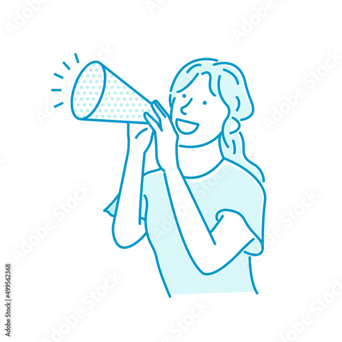 Vector illustration of a young woman making a loud voice using a megaphone