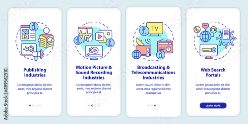 Information sector components onboarding mobile app screen. Publishing walkthrough 4 steps graphic instructions pages with linear concepts. UI, UX, GUI template. Myriad Pro-Bold, Regular fonts used